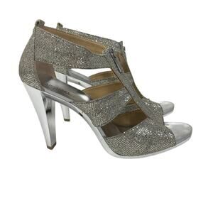 Michael Michael Kors Berkley T Strap Silver Glitter Stiletto Heels 8.5 ASIS